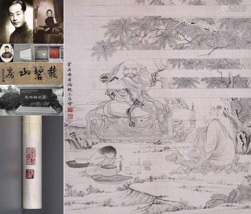 CHINESE SCROLL PAINTING OF LOHAN UNDER TREE SIGNED BY FENG C...