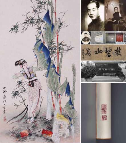 CHINESE SCROLL PAINTING OF BEAUTY IN GARDEN SIGNED BY HU YEF...
