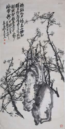 CHINESE SCROLL PAINTING OF ROCK AND FLOWER SIGNED BY WU CHAN...