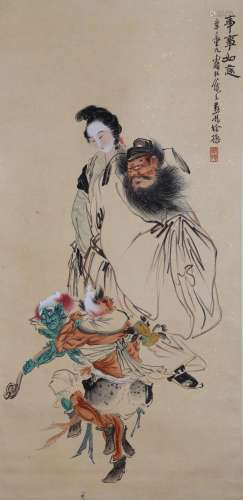 CHINESE SCROLL PAINTING OF MAN AND BEAUTY SIGNED BY XUCAO