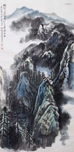 CHINESE SCROLL PAINTING OF MOUNTAIN VIEWS SIGNED BY HE HAIXI...