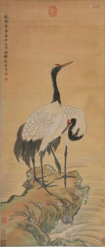 CHINESE SCROLL PAINTING OF CRANE ON ROCK SIGNED BY SHENQUAN