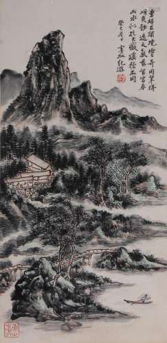 CHINESE SCROLL PAINTING OF MOUNTAIN VIEWS SIGNED BY HUANG BI...
