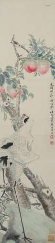 CHINESE SCROLL PAINTING OF PEACH AND CRANE SIGNED BY RENYI