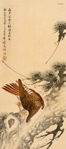 CHINESE SCROLL PAINTING OF EAGLE ON PINE SIGNED BY GAO QIFEN...