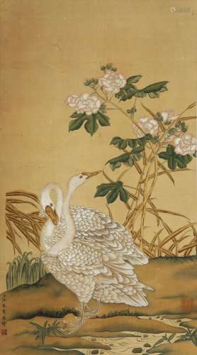 CHINESE SCROLL PAINTING OF BIRD AND FLOWER SIGNED BY WANG CH...