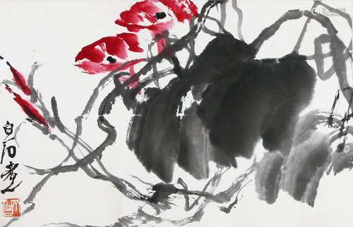 CHINESE SCROLL PAINTING OF FLOWER SIGNED BY QI BAISHI