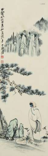 CHINESE SCROLL PAINTING OF MAN IN MOUNTAIN SIGNED BY ZHANG D...