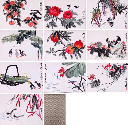 TEN PAGES OF CHINESE ALBUM PAINTING OF BIRD AND FLOWER SIGNE...