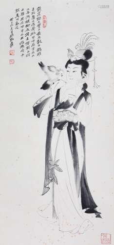 CHINESE SCROLL PAINTING OF BEAUTY WITH BIRD SIGNED BY ZHANG ...
