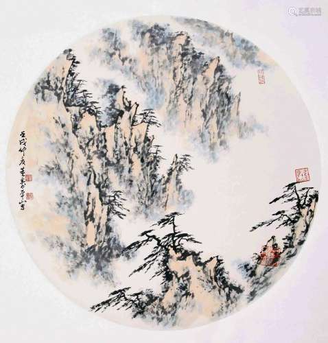CHINESE ROUND FAN PAINTING OF MOUNTAIN VIEWS SIGNED BY DONG ...