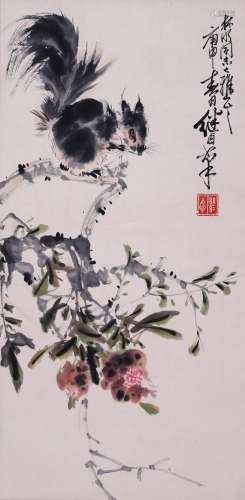 CHINESE SCROLL PAINTING OF SQUARRIL AND FLOWER SIGNED BY LIU...