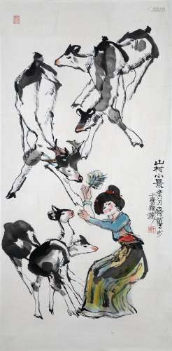 CHINESE SCROLL PAINTING OF GIRL WITH DEER SIGNED BY CHENG SH...