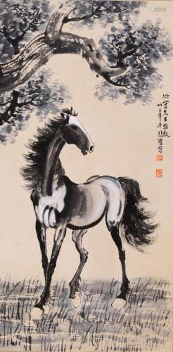 CHINESE SCROLL PAINTING OF HORSE UNDER TREE SIGNED BY XU BEI...