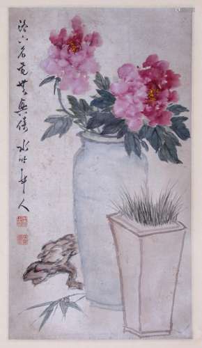 CHINESE SCROLL PAINTING OF FLOWER IN VASE SIGNED BY XU SHICH...