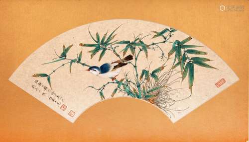 CHINESE FAN PAINTING OF BIRD AND BAMBOO SIGNED BY RENZHONG