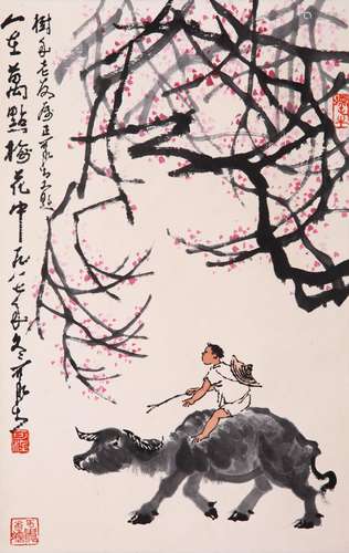 CHINESE SCROLL PAINTING OF BOY ON OX SIGNED BY LI KERAN