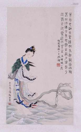 CHINESE SCROLL PAINTING OF BEAUTY ON WAVE SIGNED BY FENG ZHA...