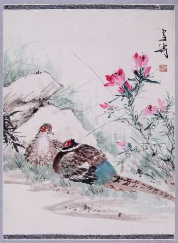 CHINESE SCROLL PAINTING OF BIRD AND FLOWER SIGNED BY WANG XU...
