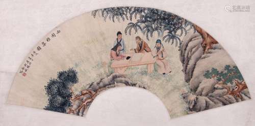 CHINESE FAN PAINTING OF MAN IN GARDEN SIGNED BY JINCHENG