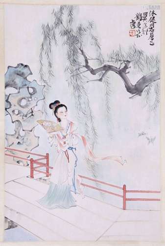 CHINESE SCROLL PAINTING OF BEAUTY IN GARDEN SIGNED BY LIU DA...