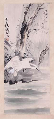 CHINESE SCROLL PAINTING OF CRANE BY RIVER SIGNED BY GAO JIAN...
