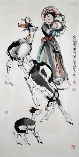 CHINESE SCROLL PAINTING OF GIRL AND DEER SIGNED BY CHENG SHI...