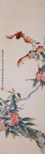 CHINESE SCROLL PAINTING OF BAT AND PEACH SIGNED BY LIU KUILI...