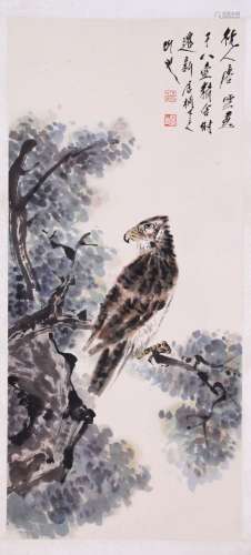 CHINESE SCROLL PAINTING OF EAGLE ON TREE SIGNED BY TANGYUN
