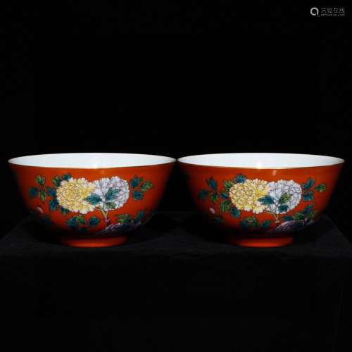 Alum red pastel peony flowers green-splashed bowls, high cal...