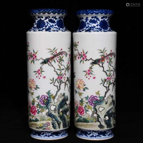 Blue and white powder enamel lines cylinder bottle, high 23 ...