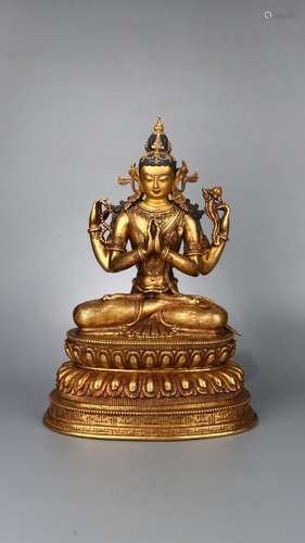 Guanyin cave: copper gold treasure four armsLong 27 cm wide ...