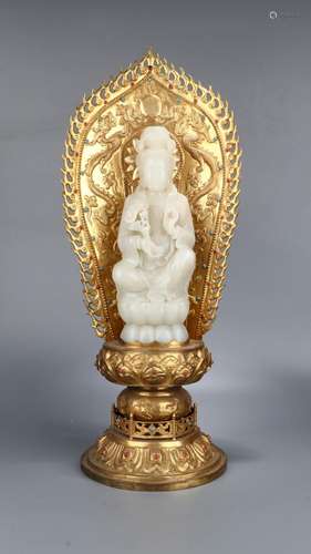 : copper gold treasure hetian jade guanyin caveLong 12 cm wi...