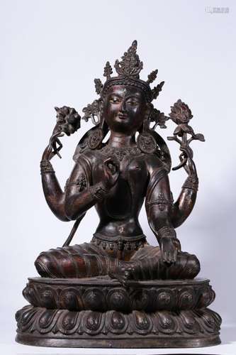 Guanyin cave, copper paint gold four armHigh 57 cm wide 38 c...