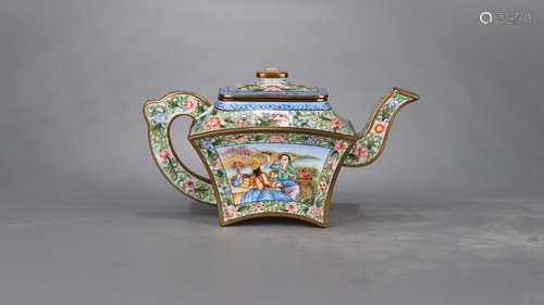 : "" copper foetus painted enamel teapot green flo...