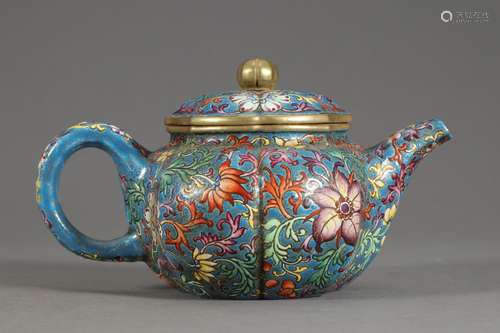 , "" purple colored enamel floral print teapotSize...