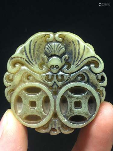 China Hongshan culture old jade carving yubi bat wealth coin...