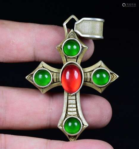 6CM Rare Chinese Miao Silver Red Gems Feng Shui Cross Lucky ...