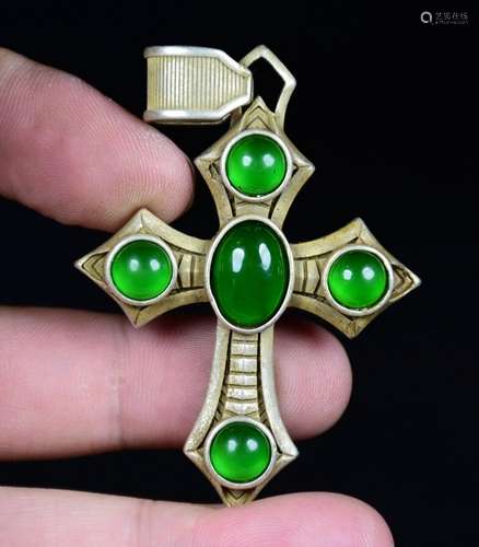 6CM Rare Chinese Miao Silver Green Gems Feng Shui Cross Luck...