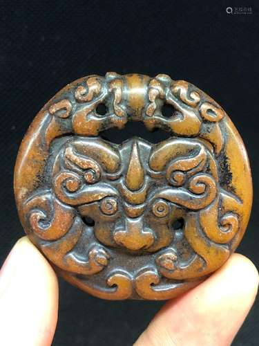 China Hongshan Culture Old Jade Carved Pixiu bull's head...