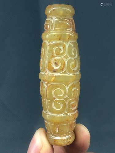 China Hongshan Culture Old Jade Carved Dzi Beads Yu Cong Zon...