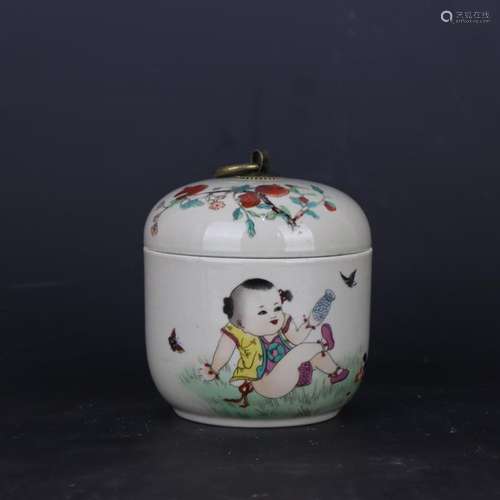 Chinese Famille Rose Porcelain Jar Kids Pattern Pot Tea Cadd...