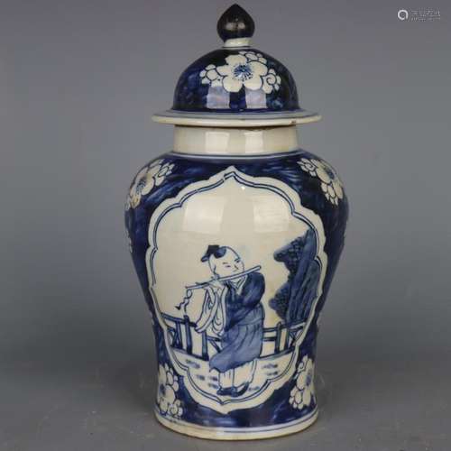 Chinese Blue and White Porcelain Pot Qing Kangxi Flower Figu...