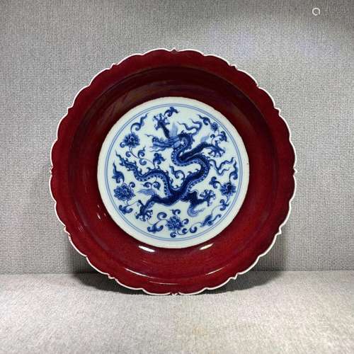 Rare Chinese antique Ming porcelain blue & red glaze dra...