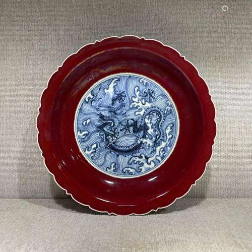 Rare Chinese antique Ming porcelain blue & red glaze dra...