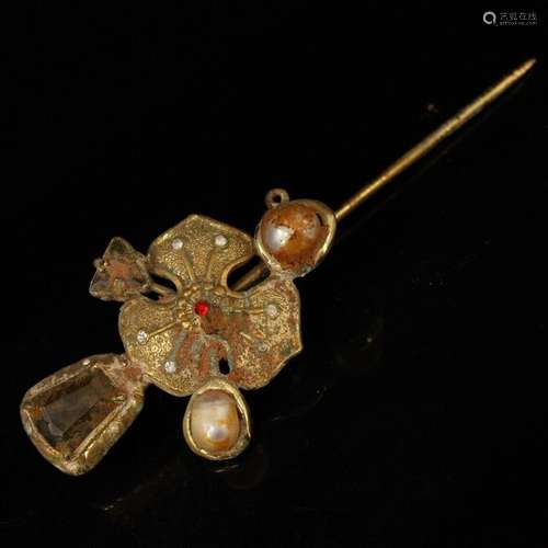 old Chinese palace dynasty bronze Gilt Inlay gem hairpin Hai...