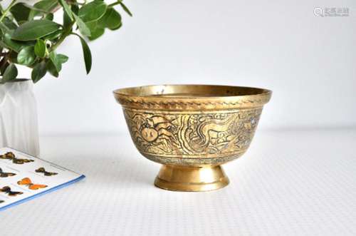 Vintage heavy etched brass Asian oriental bowl with dragon c...