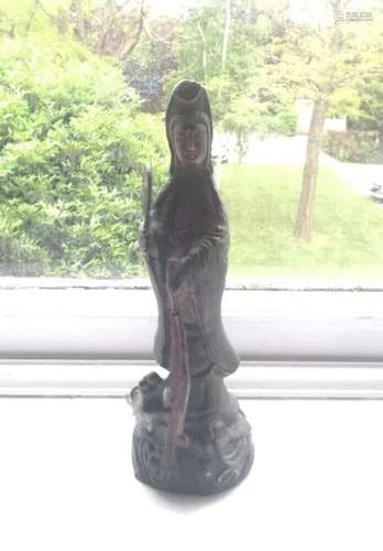 A Beautiful Bronze Statute Of Guan Yin Standing On Dragon