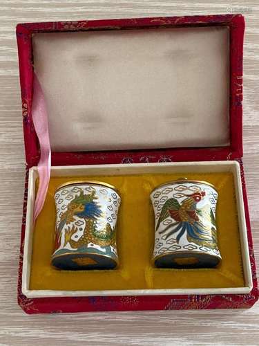 Chinese Cloisonné Miniature Jars w/ Lids Original Box