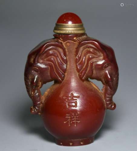 7CM Old China Red Amber Carving Dynasty Palace 2 Head Elepha...